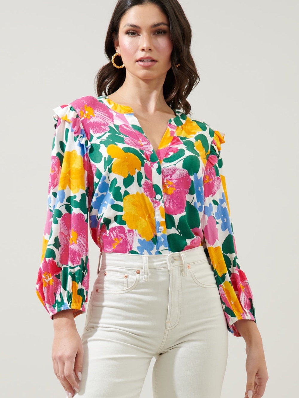 Sugarlips Kokomo Floral Martina Balloon Sleeve Button Down Blouse Sz Small